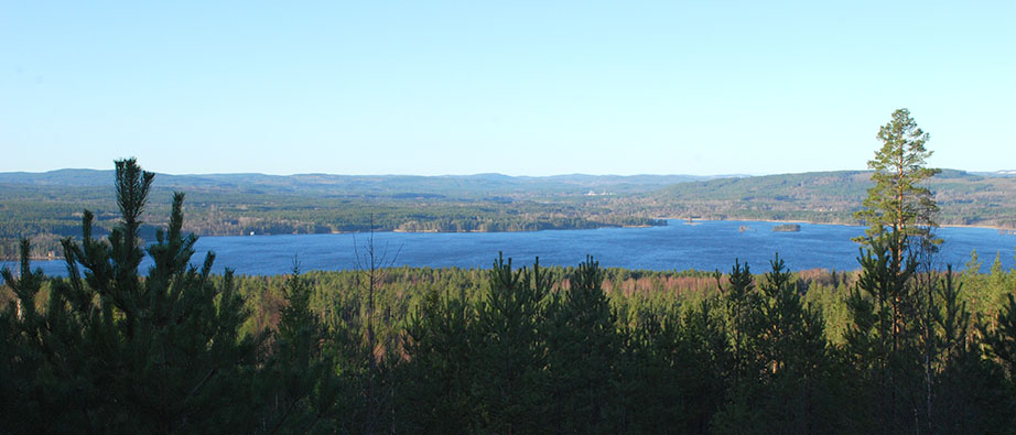 Utsikt över sjön Varpan och blånande berg