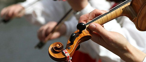 Hand som håller på strängarna på en fiol.